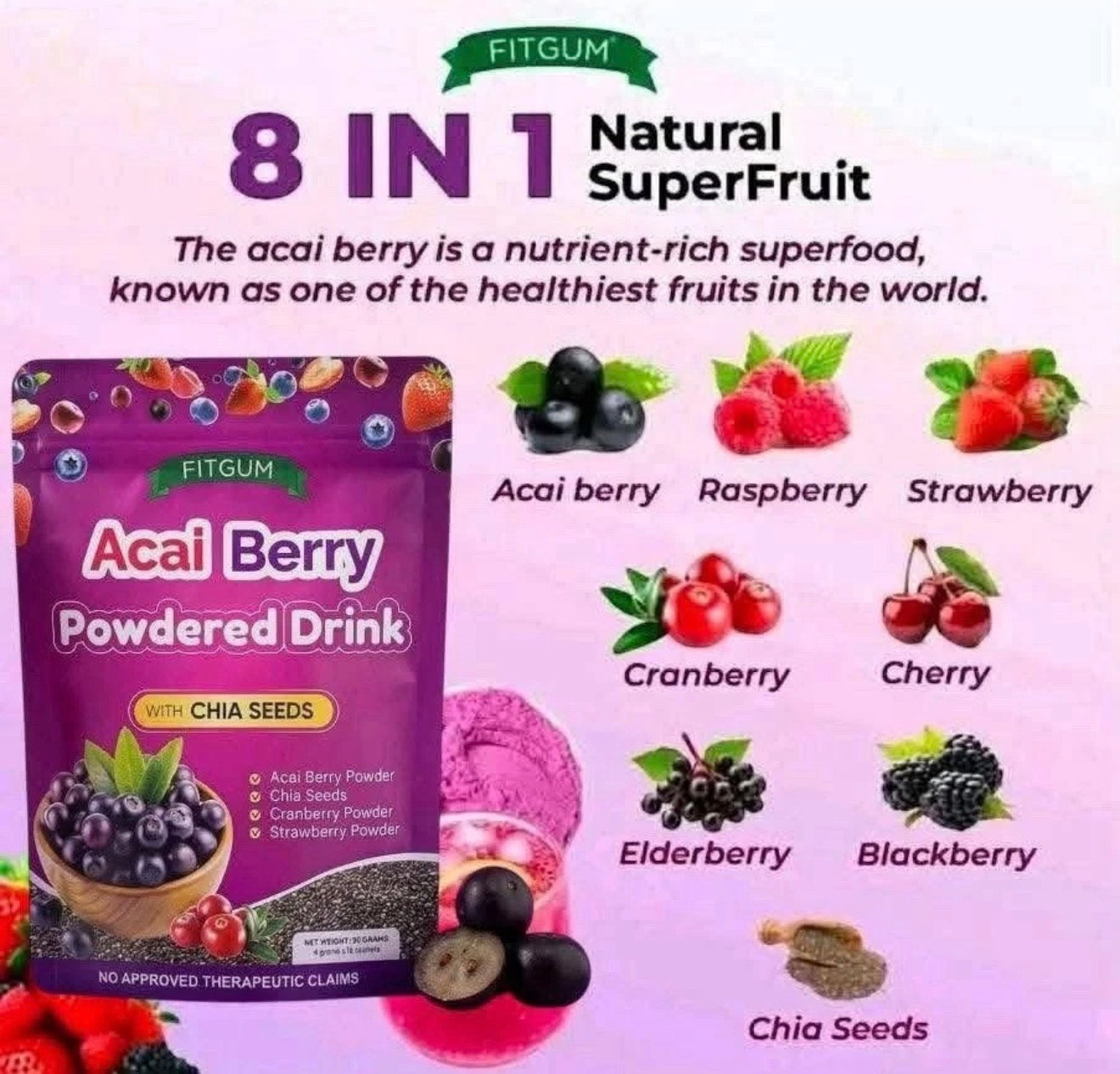 Fitgum Acai Berry Powdered Drink With Chia Seeds 4g X 10 Sachets