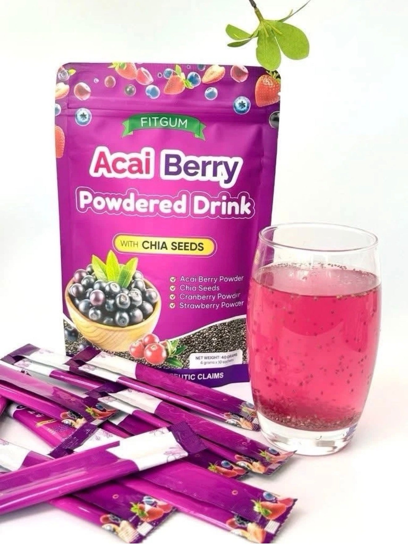Fitgum Acai Berry Powdered Drink With Chia Seeds 4g X 10 Sachets