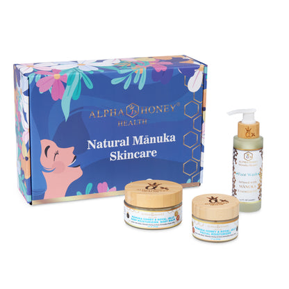 Alpha Honey Health Complete Skin Care Gift Set-Manuka Oil Antibacterial Face Wash, Manuka Honey Royal Jelly Face Cream & Body Balm Fragrance Free