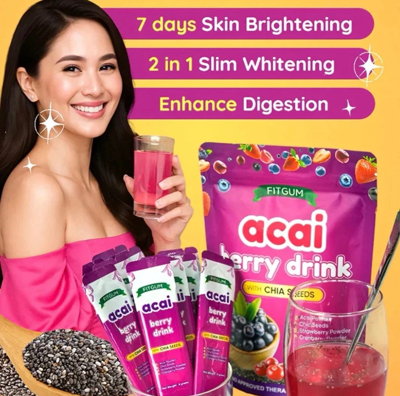 Fitgum Acai Berry Powdered Drink With Chia Seeds 4g X 10 Sachets