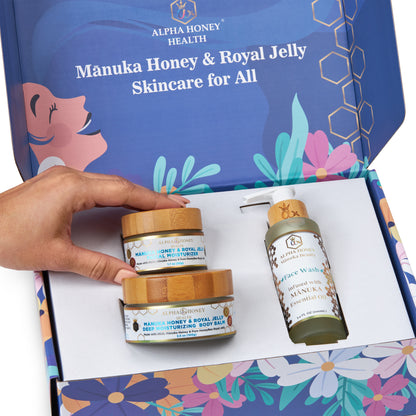 Alpha Honey Health Complete Skin Care Gift Set-Manuka Oil Antibacterial Face Wash, Manuka Honey Royal Jelly Face Cream & Body Balm Fragrance Free