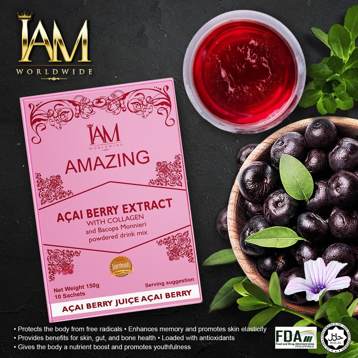 IAM Amazing Acai berry extract with collagen powdered drink mix ( & Sachets in a box)