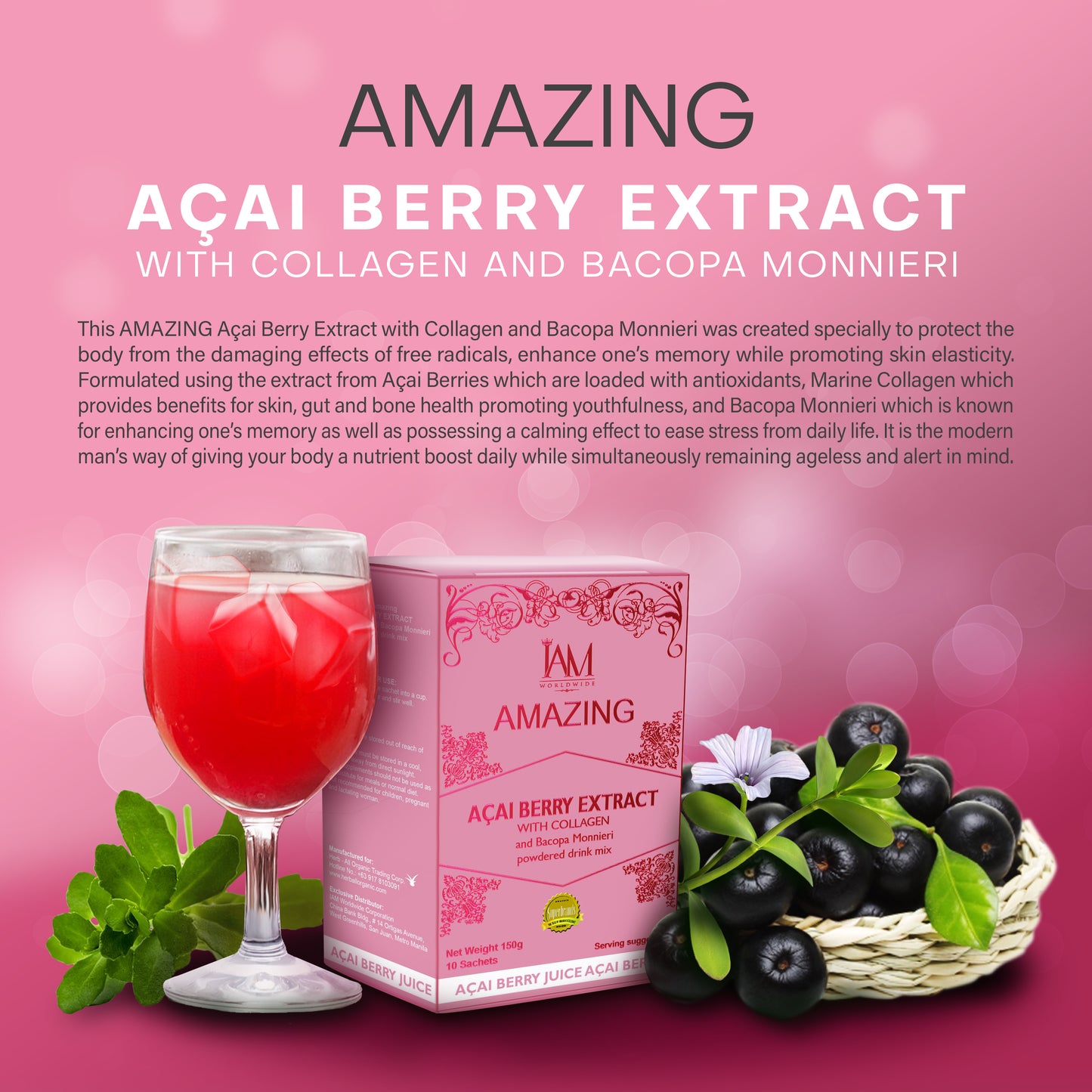 IAM Amazing Acai berry extract with collagen powdered drink mix ( & Sachets in a box)